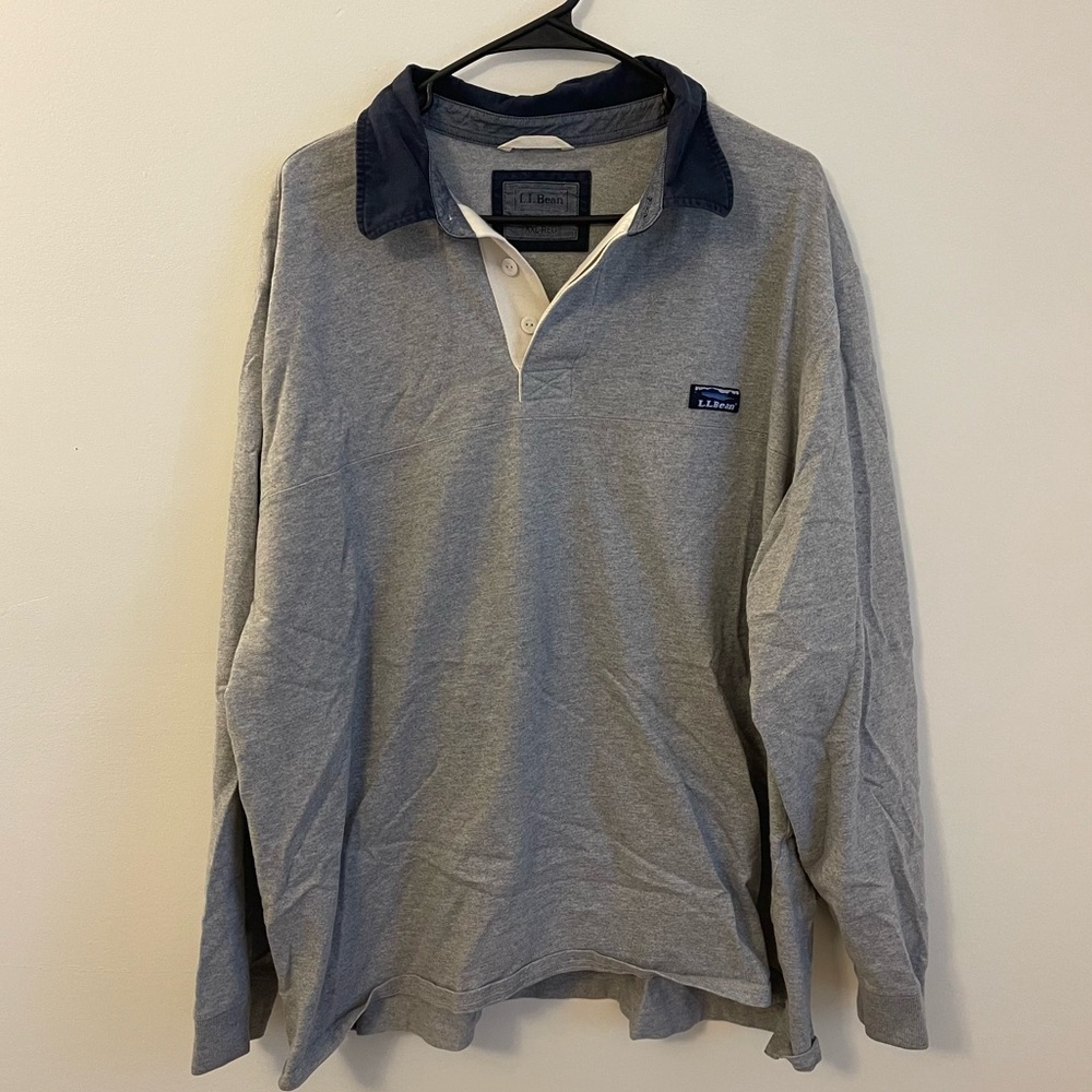 LL Bean Rugby Shirt XXL Gray Navy Collar Heavyweight Cotton Polo Collegiate